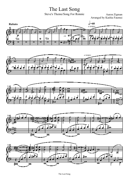 Aaron Zigman - the Last Song (Steve's Theme/Song for Ronnie) Piano Sheet Music