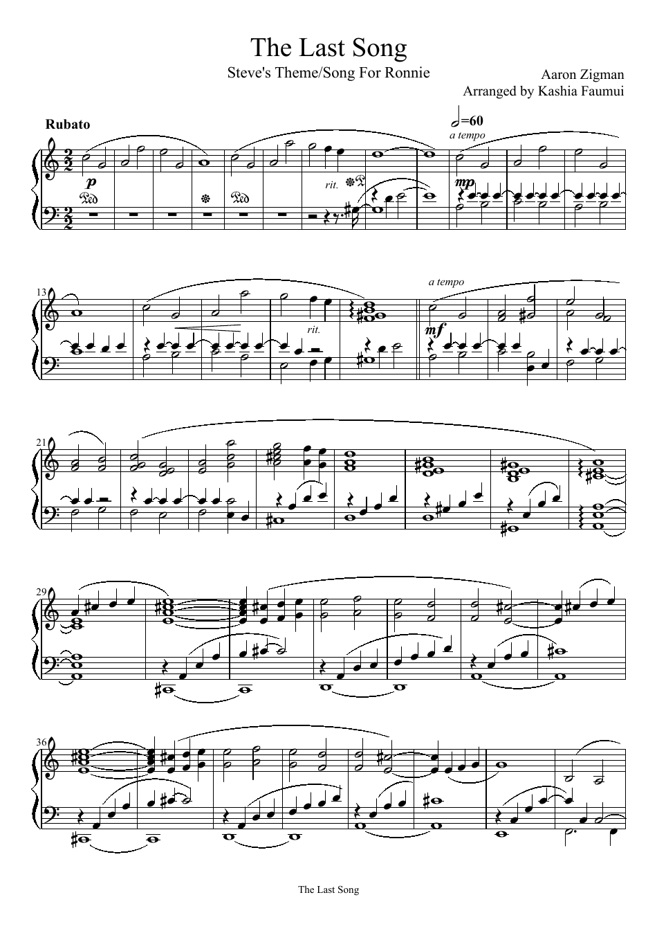 Aaron Zigman - The Last Song (Steve's Theme/Song for Ronnie) Piano Sheet Music image preview