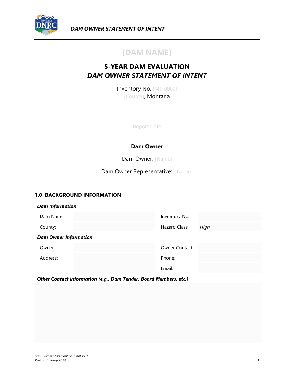 5-year Dam Evaluation Dam Owner Statement of Intent - Montana, Page 1