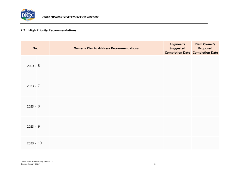 5-year Dam Evaluation Dam Owner Statement of Intent - Montana, Page 3