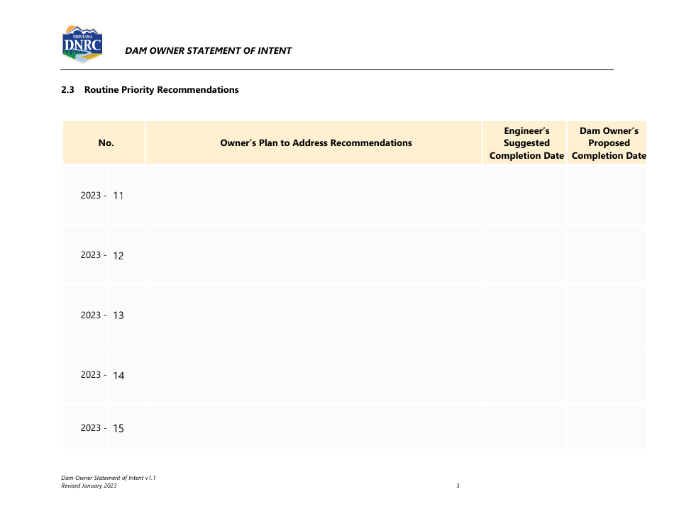 5-year Dam Evaluation Dam Owner Statement of Intent - Montana, Page 4