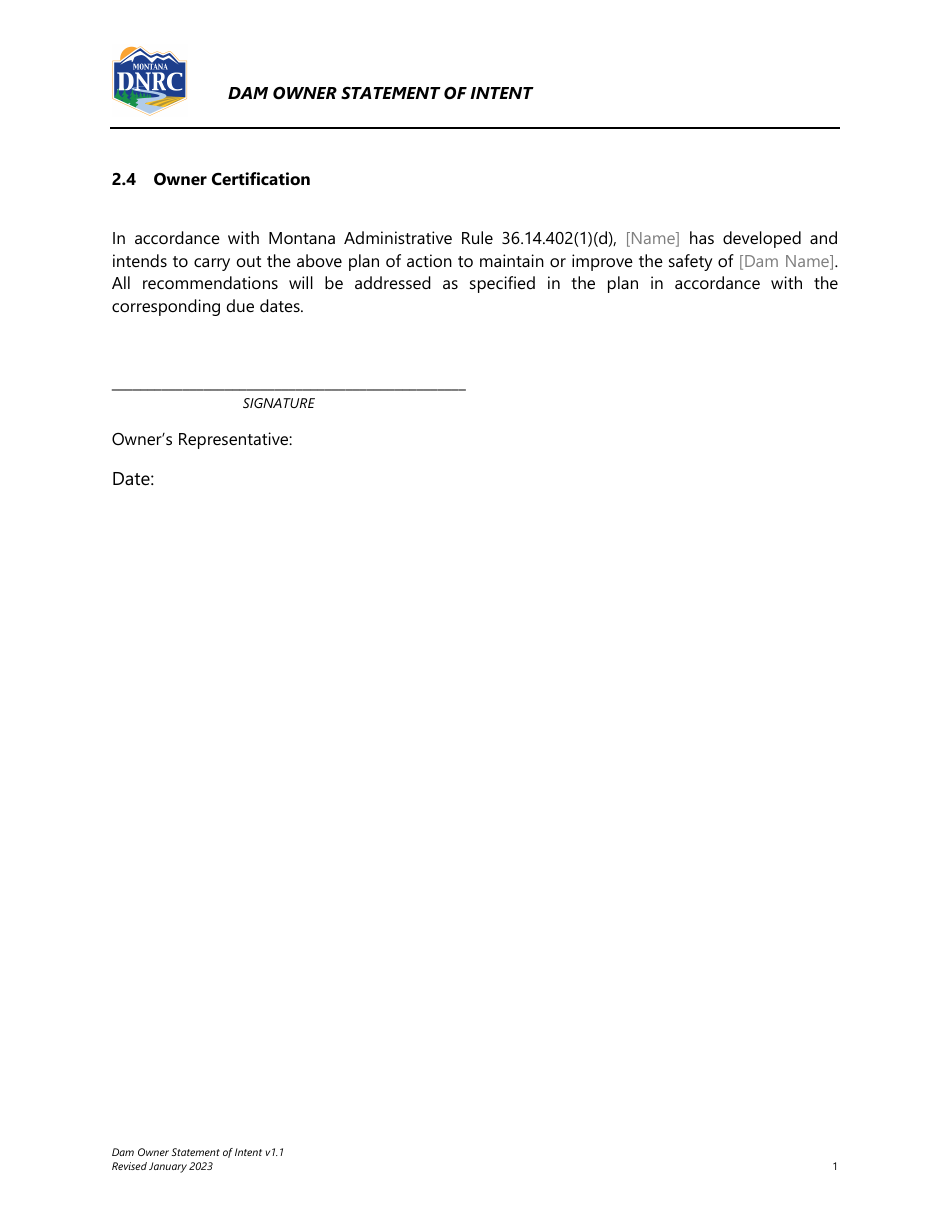 5-year Dam Evaluation Dam Owner Statement of Intent - Montana, Page 5