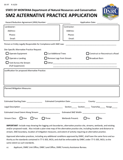 Form DS-97 Smz Alternative Practice Application - Montana