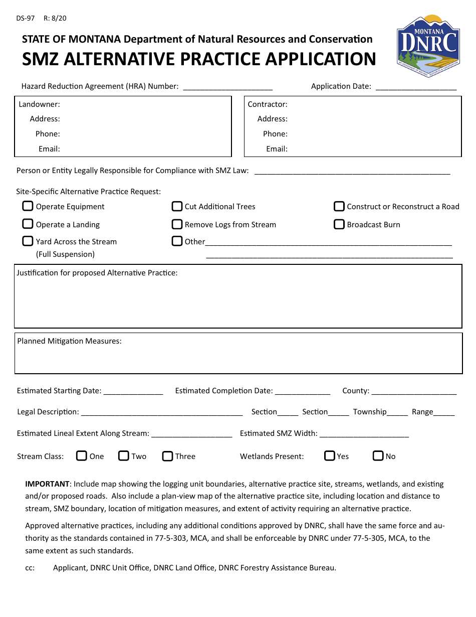 Form DS-97 Smz Alternative Practice Application - Montana, Page 1