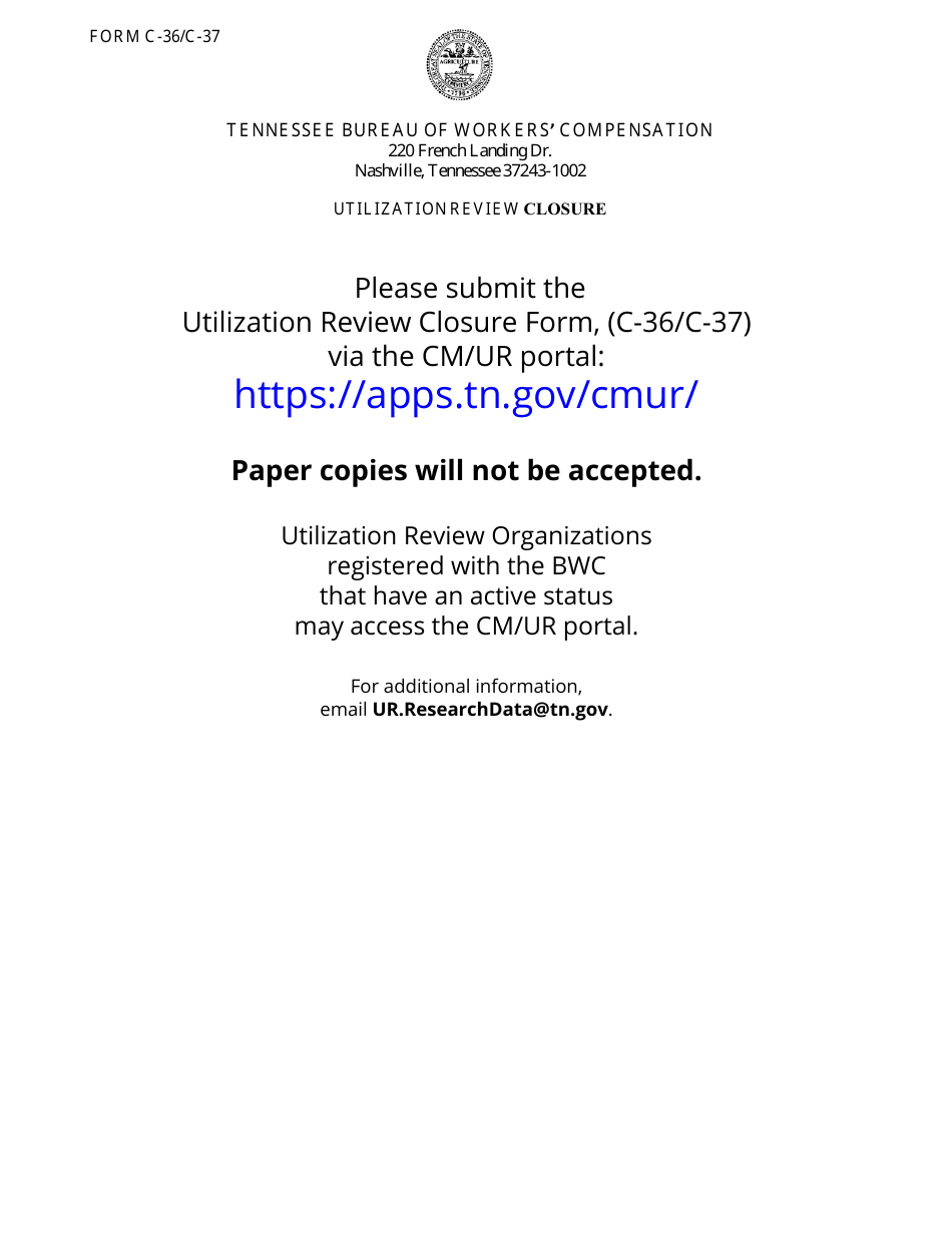 Form C-36 (C-37; LB-0375) Utilization Review Closure - Tennessee, Page 1