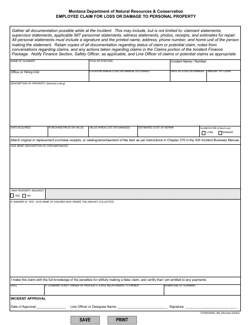 Form DNRC-382 Employee Claim for Loss or Damage to Personal Property - Montana