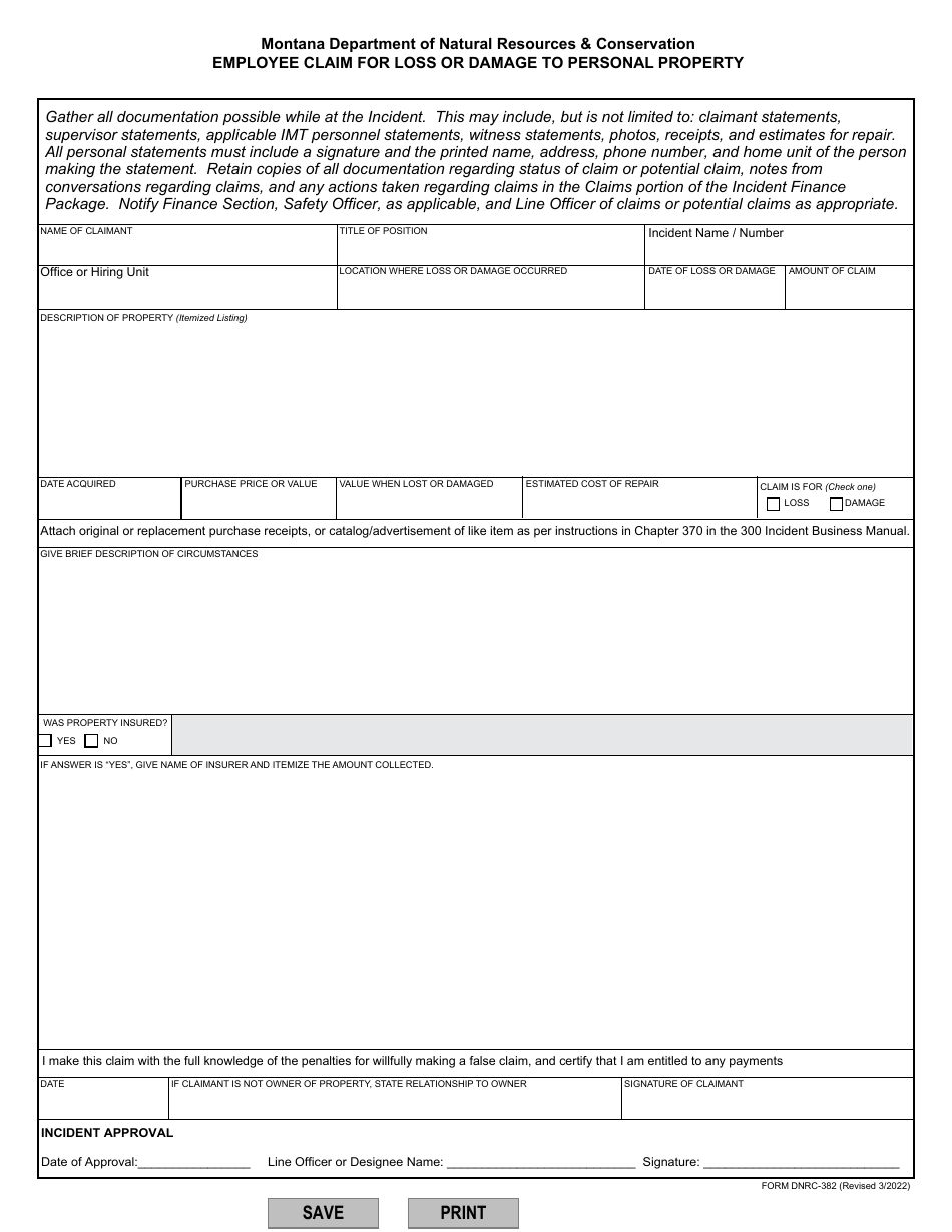 Form DNRC-382 Employee Claim for Loss or Damage to Personal Property - Montana, Page 1