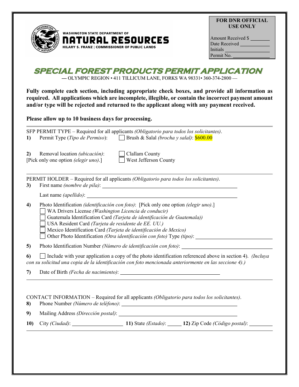 Special Forest Products Permit Application - Olympic Region - Washington, Page 2