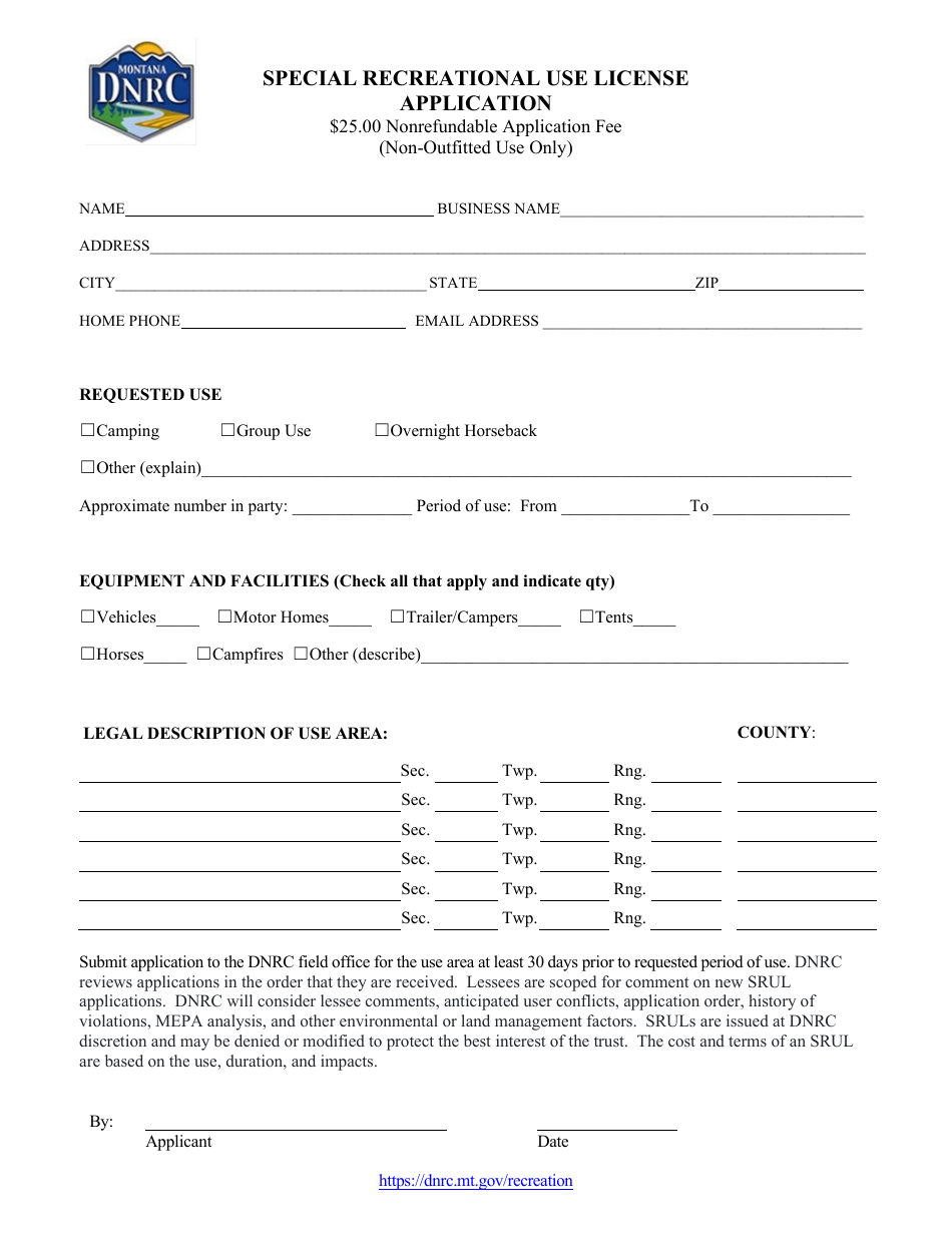 Special Recreational Use License Application (Non-outfitted Use Only) - Montana, Page 1