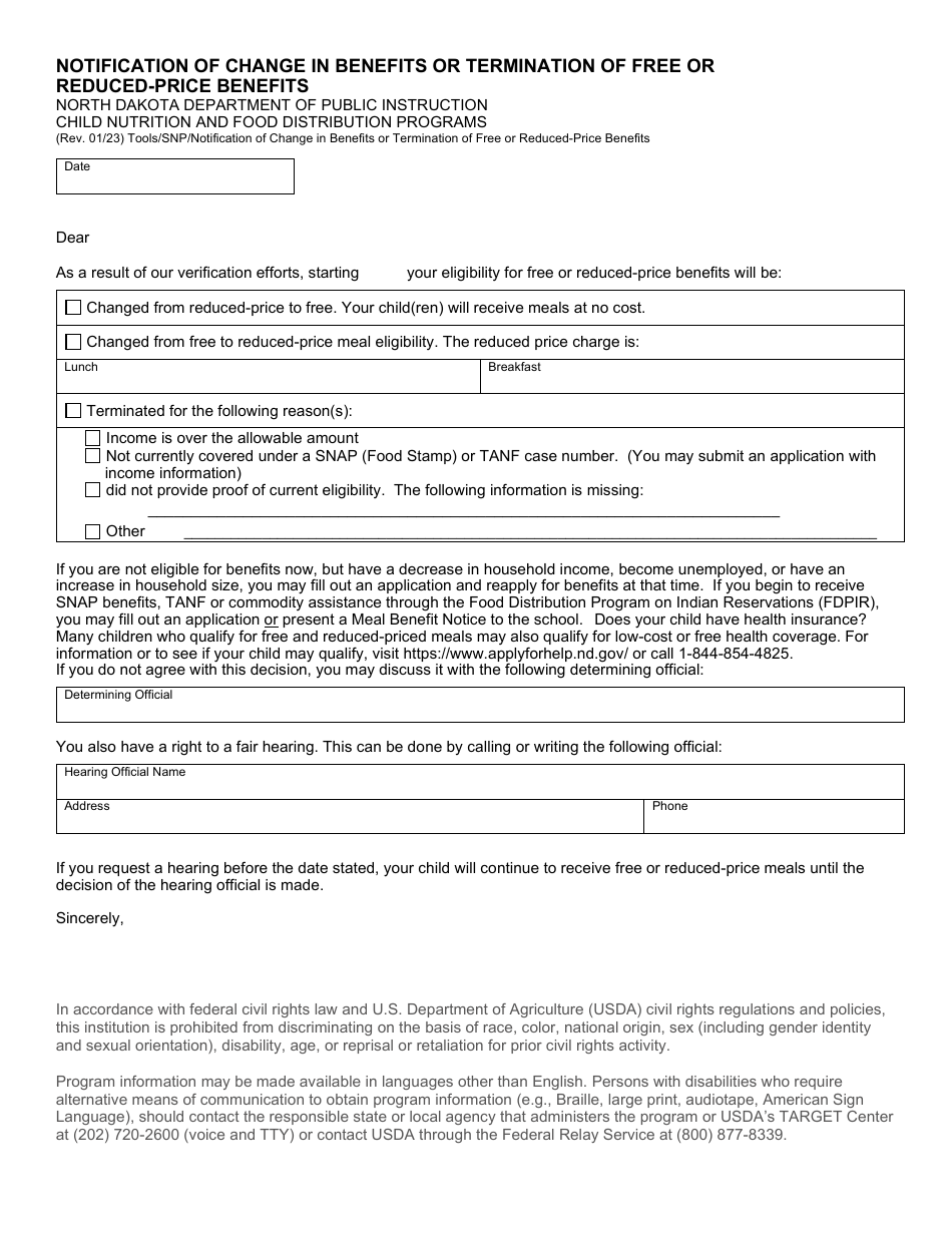 North Dakota Notification of Change in Benefits or Termination of Free