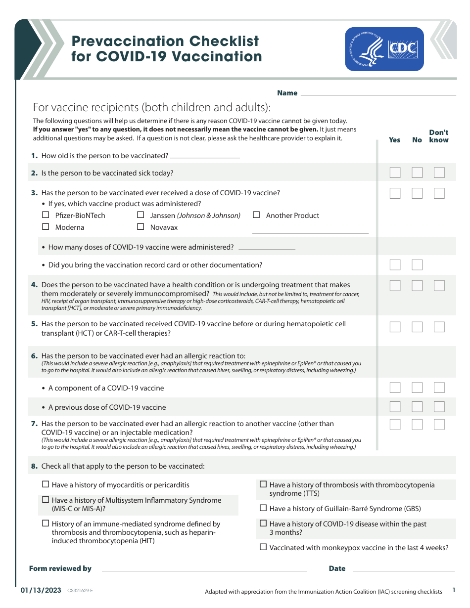 Form CS321629-E Prevaccination Checklist for Covid-19 Vaccination, Page 1
