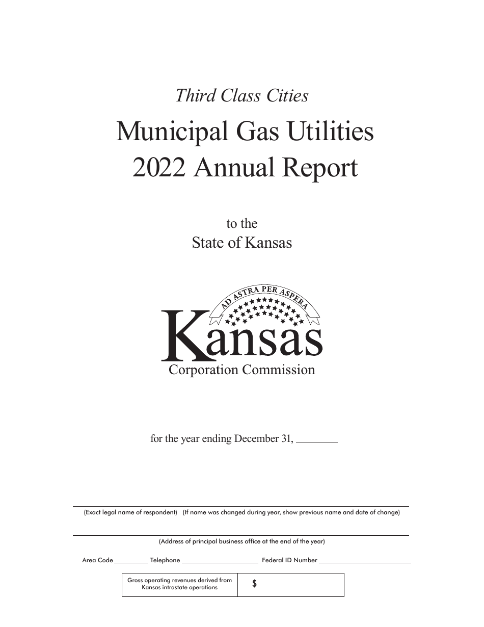 Third Class Cities Municipal Gas Utilities Annual Report Cover Sheet - Kansas, Page 1