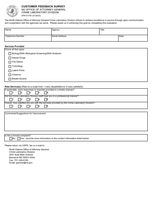 Form SFN61700 Customer Feedback Survey - North Dakota