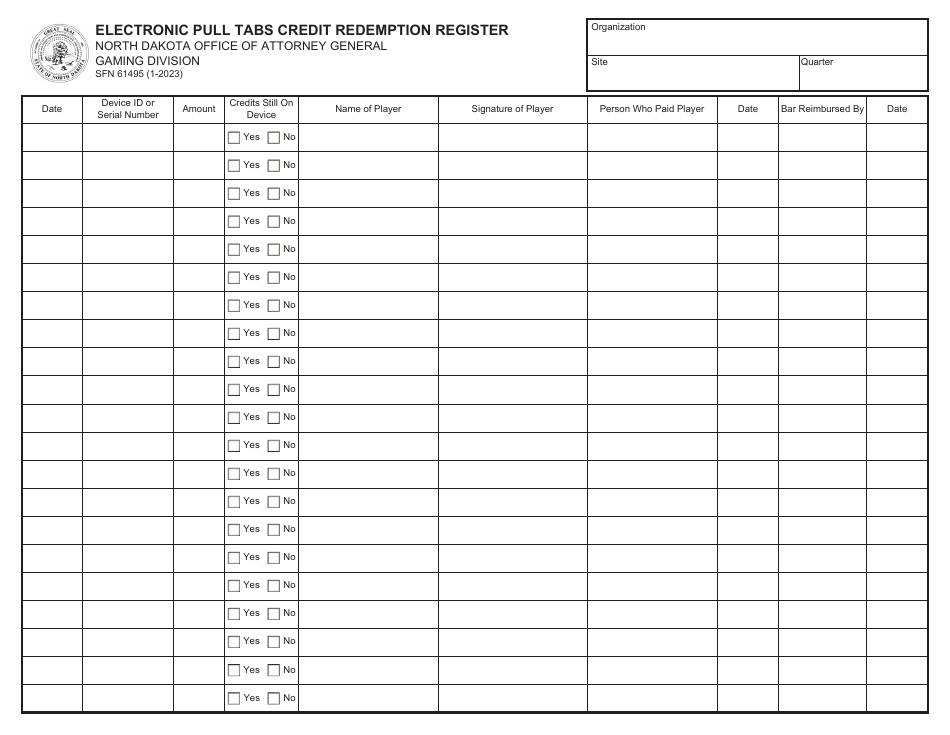 Form SFN61495 Electronic Pull Tabs Credit Redemption Register - North Dakota, Page 1