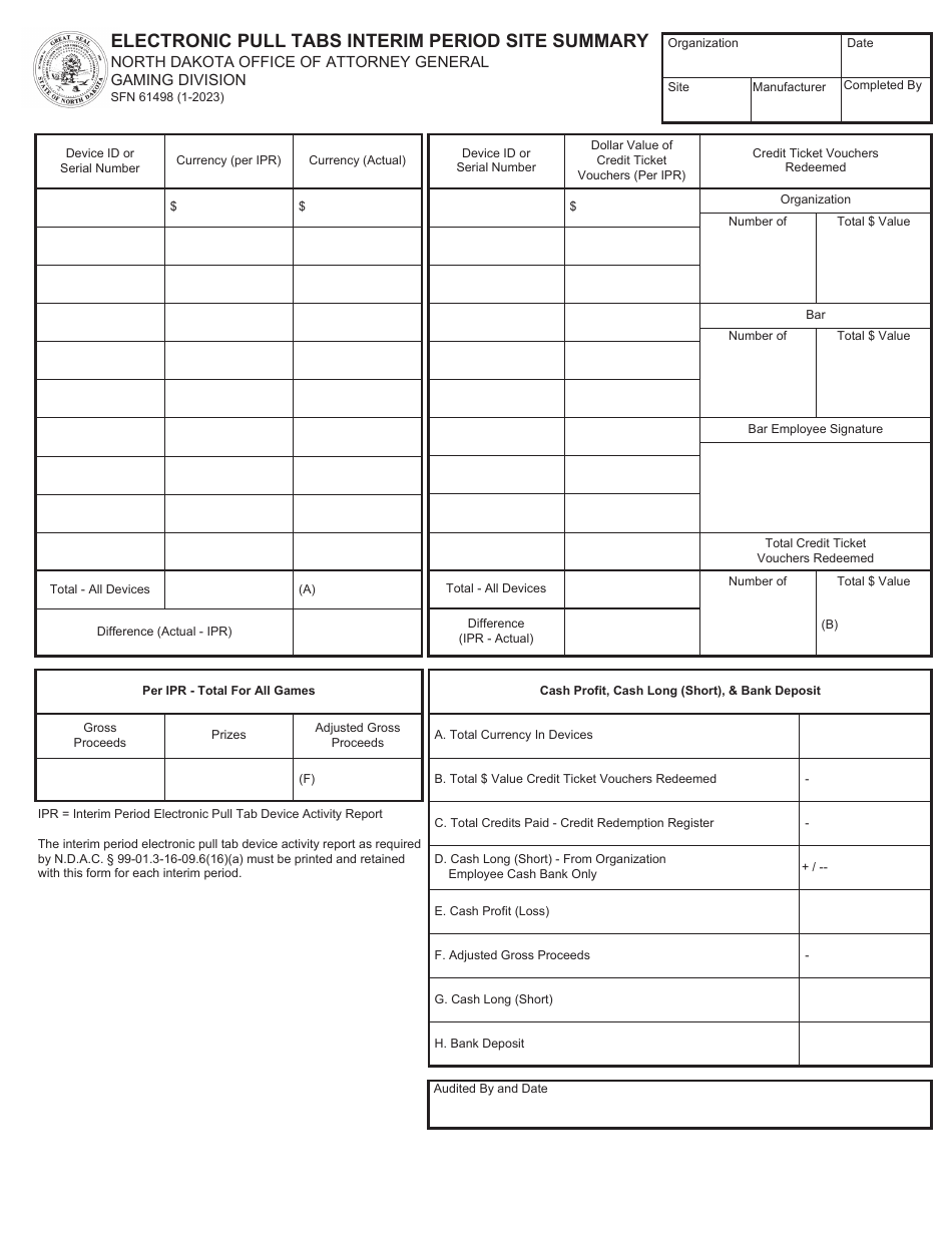 Form SFN61498 Electronic Pull Tabs Interim Period Site Summary - North Dakota, Page 1