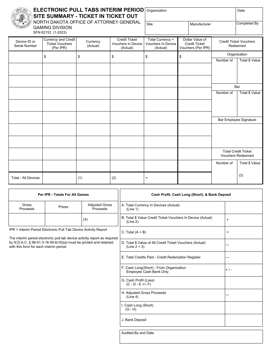 Form SFN62152 Electronic Pull Tabs Interim Period Site Summary - Ticket in Ticket out - North Dakota, Page 1