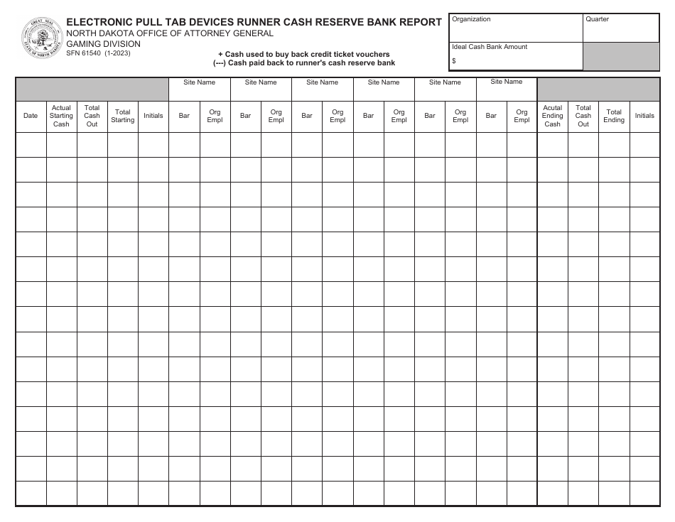 Form SFN61540 Electronic Pull Tab Devices Runner Cash Reserve Bank Report - North Dakota, Page 1