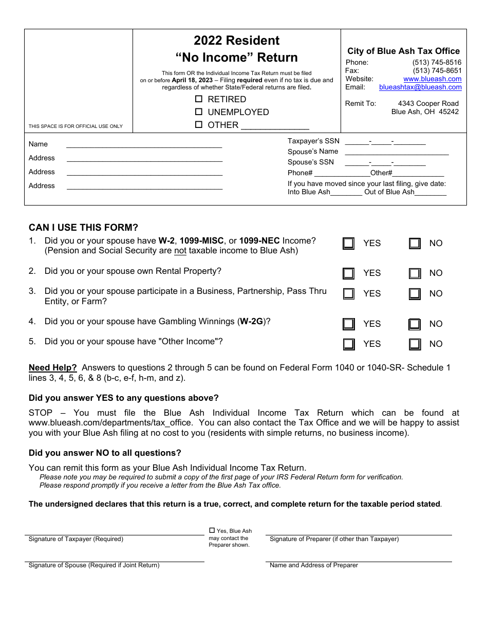 Resident no Income Return - City of Blue Ash, Ohio, Page 1