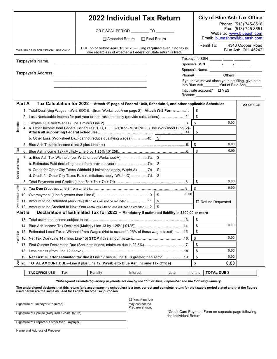 2022 City of Blue Ash, Ohio Individual Tax Return Calculating Fill