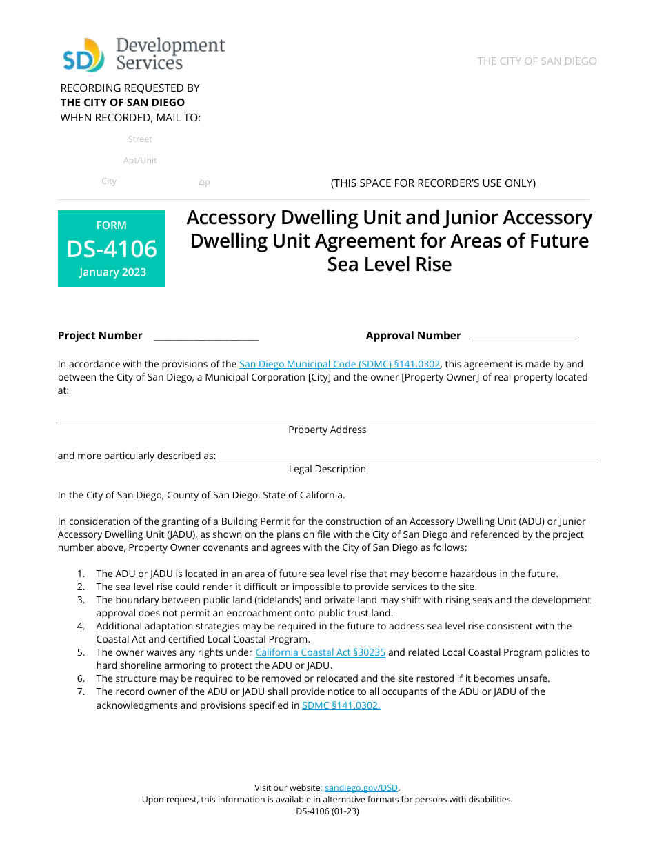 Form DS-4106 Accessory Dwelling Unit and Junior Accessory Dwelling Unit Agreement for Areas of Future Sea Level Rise - City of San Diego, California, Page 1