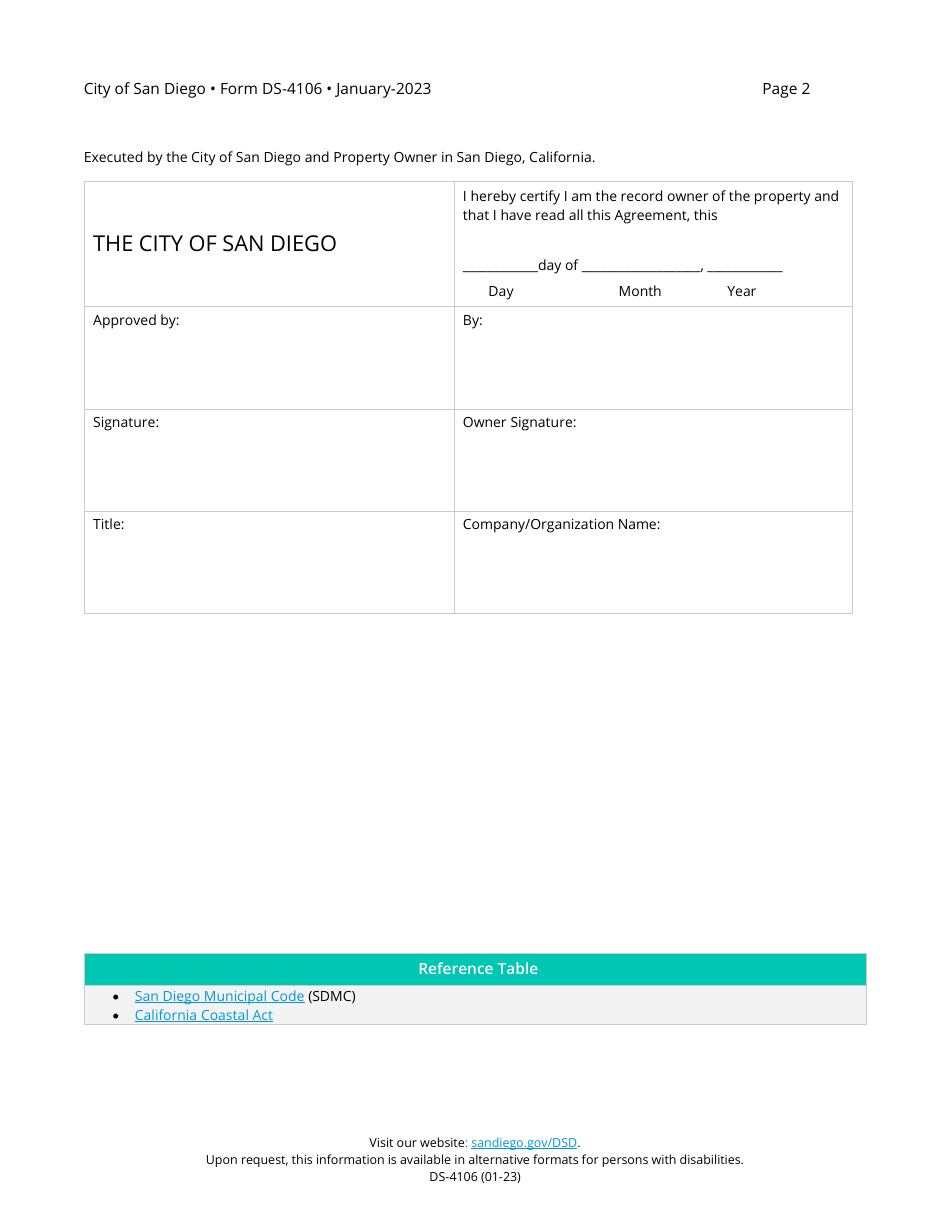 Form DS-4106 Accessory Dwelling Unit and Junior Accessory Dwelling Unit Agreement for Areas of Future Sea Level Rise - City of San Diego, California, Page 2
