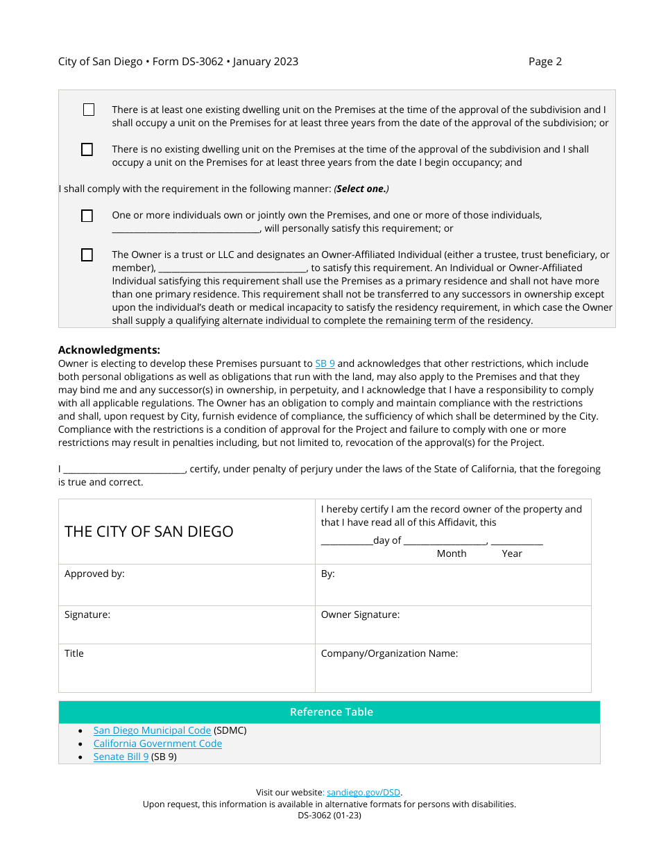 Form DS-3062 Affidavit: Owner Occupancy Declaration for Subdivisions, Pursuant to Senate Bill 9 - City of San Diego, California, Page 2