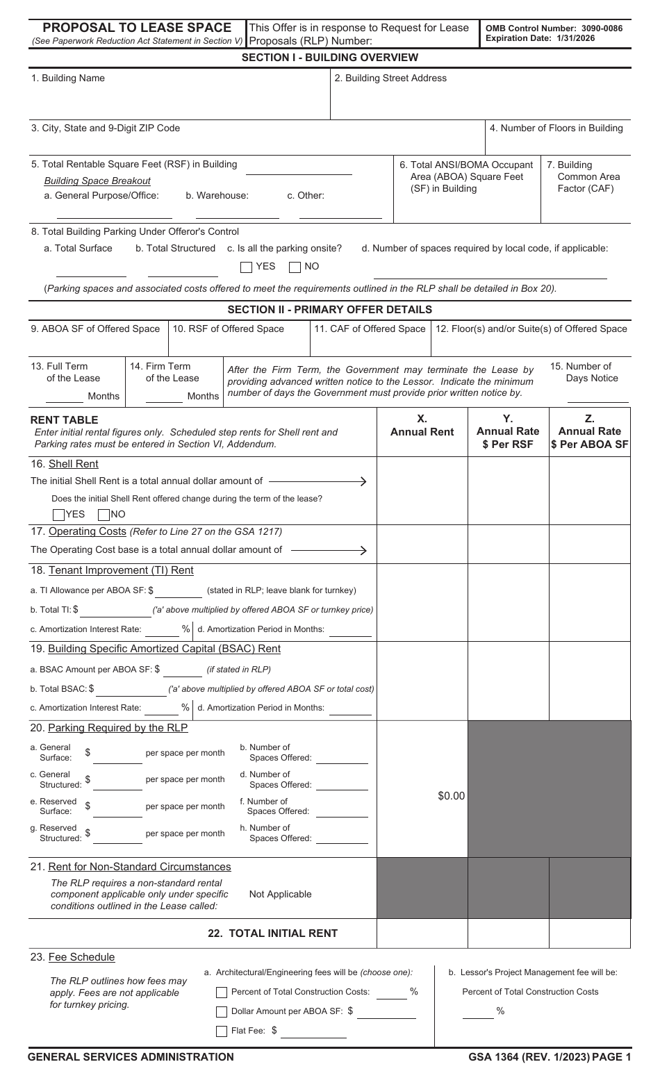 GSA Form 1364 Proposal to Lease Space, Page 1