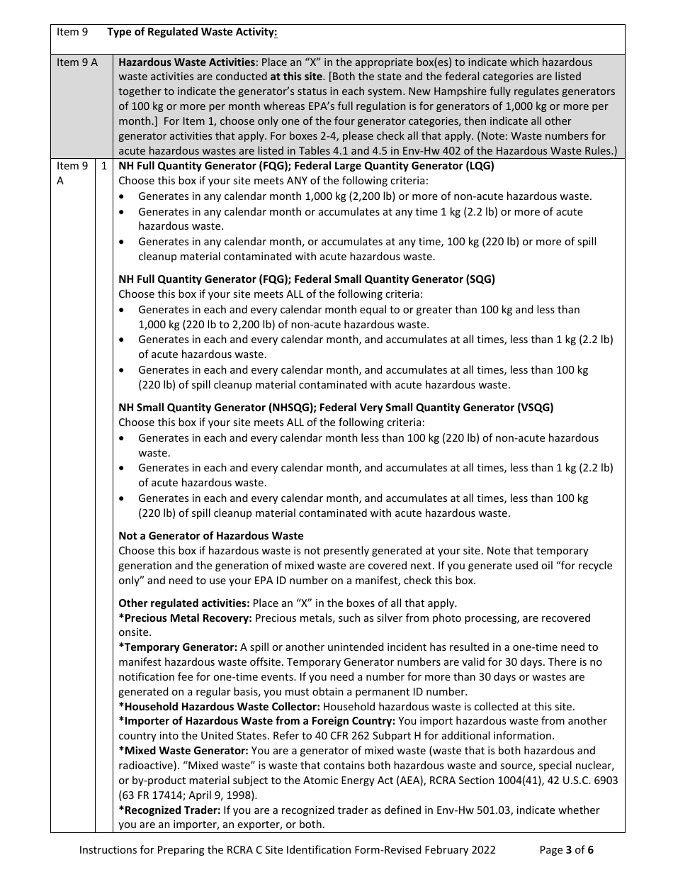 Instructions for Form NHDES-S-01-009 Rcra C Site Identification Form - New Hampshire, Page 3