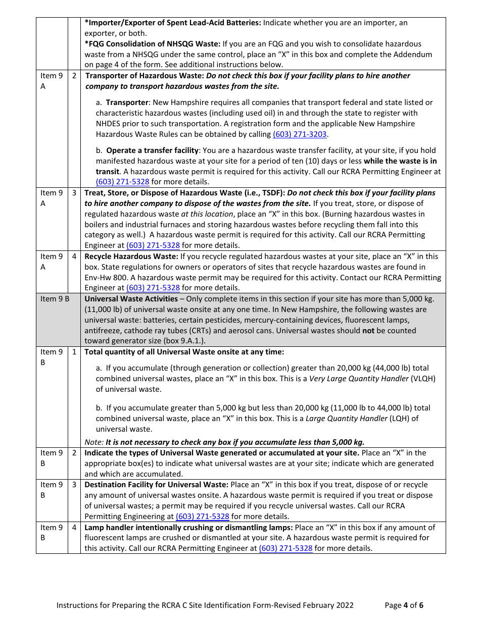 Instructions for Form NHDES-S-01-009 Rcra C Site Identification Form - New Hampshire, Page 4