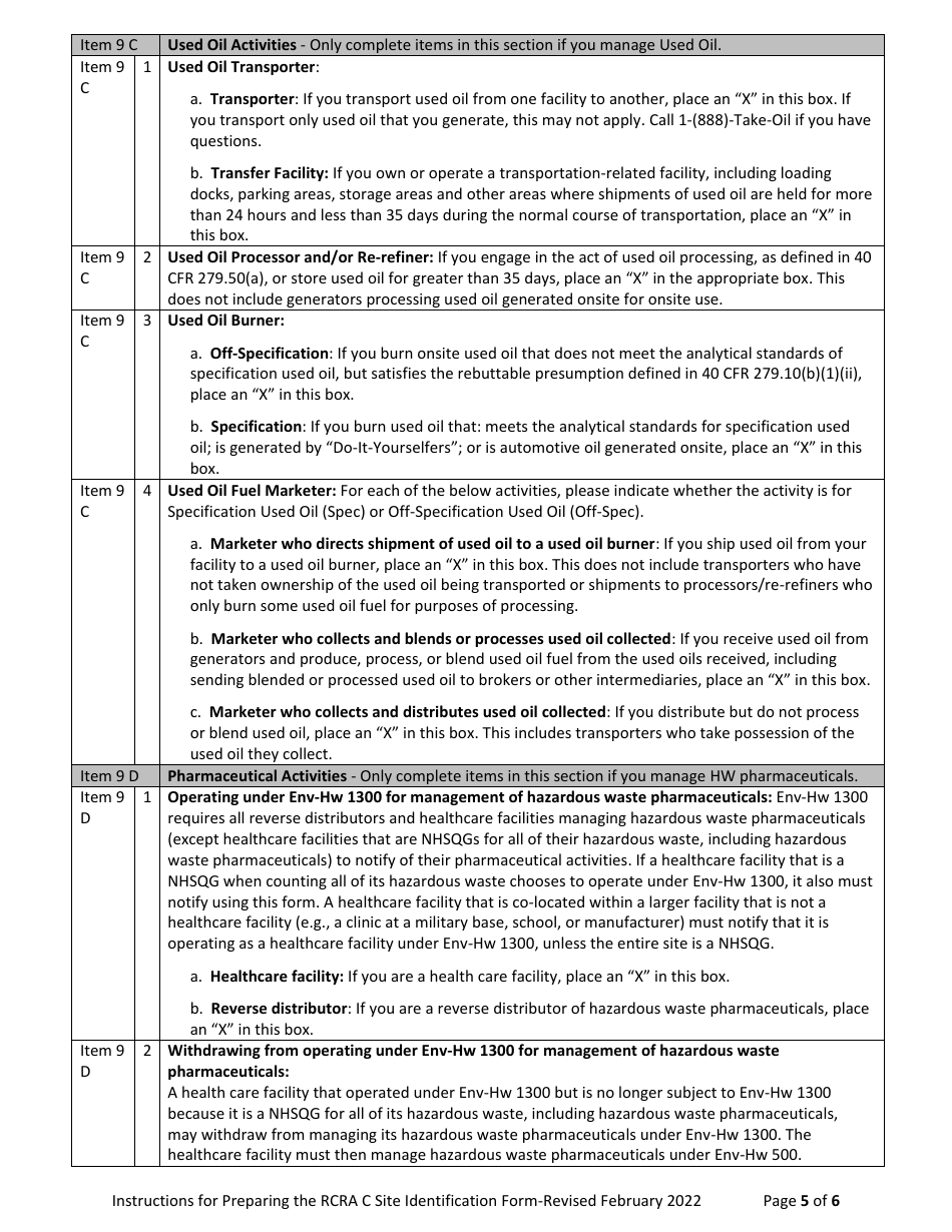 Instructions for Form NHDES-S-01-009 Rcra C Site Identification Form - New Hampshire, Page 5