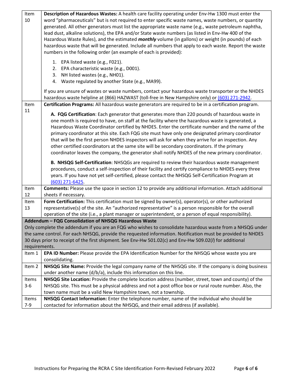 Instructions for Form NHDES-S-01-009 Rcra C Site Identification Form - New Hampshire, Page 6