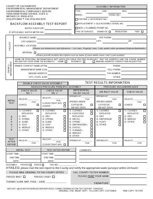 Backflow Assembly Test Report - County of Sacramento, California Download Pdf