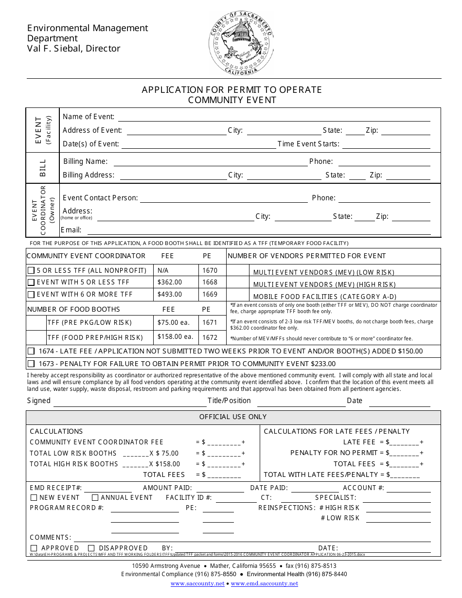 Application for Permit to Operate Community Event - County of Sacramento, California, Page 1