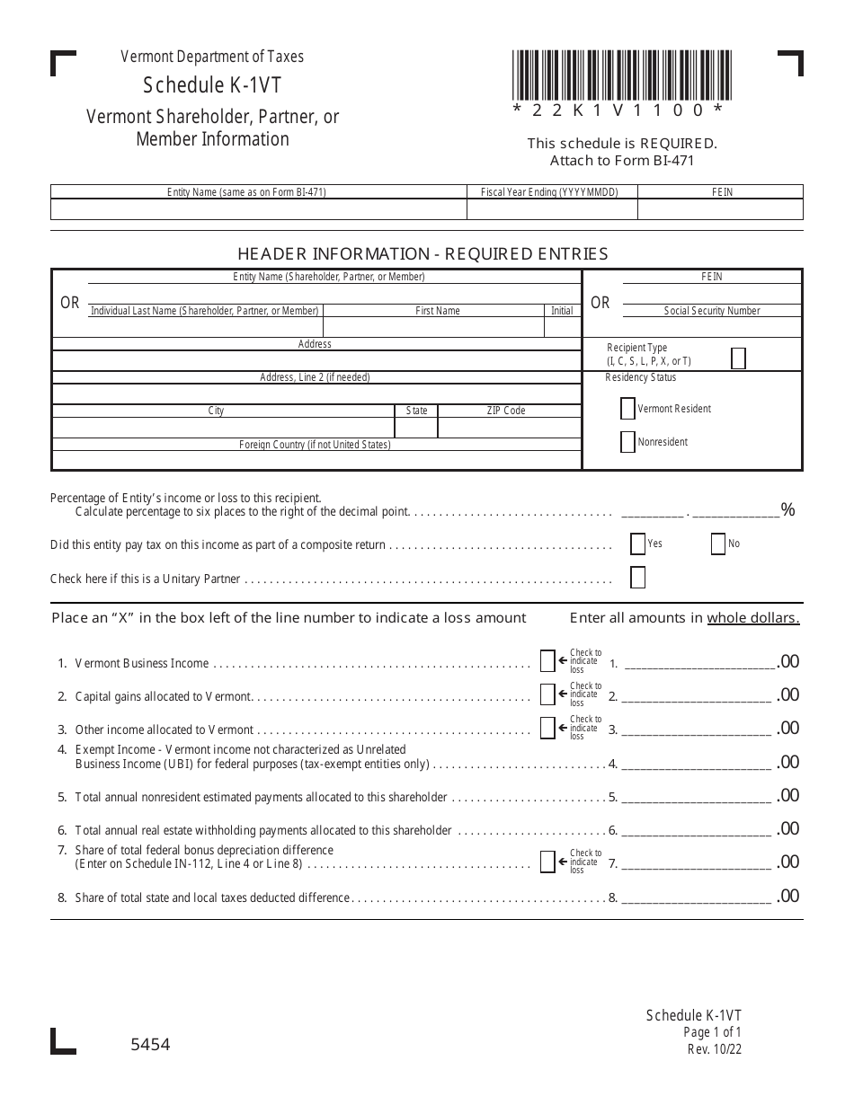 Schedule K-1VT Vermont Shareholder, Partner, or Member Information - Vermont, Page 1