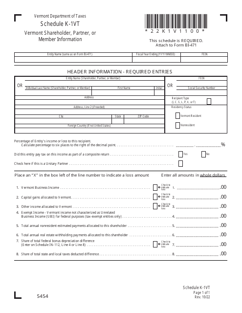 Schedule K-1VT  Printable Pdf