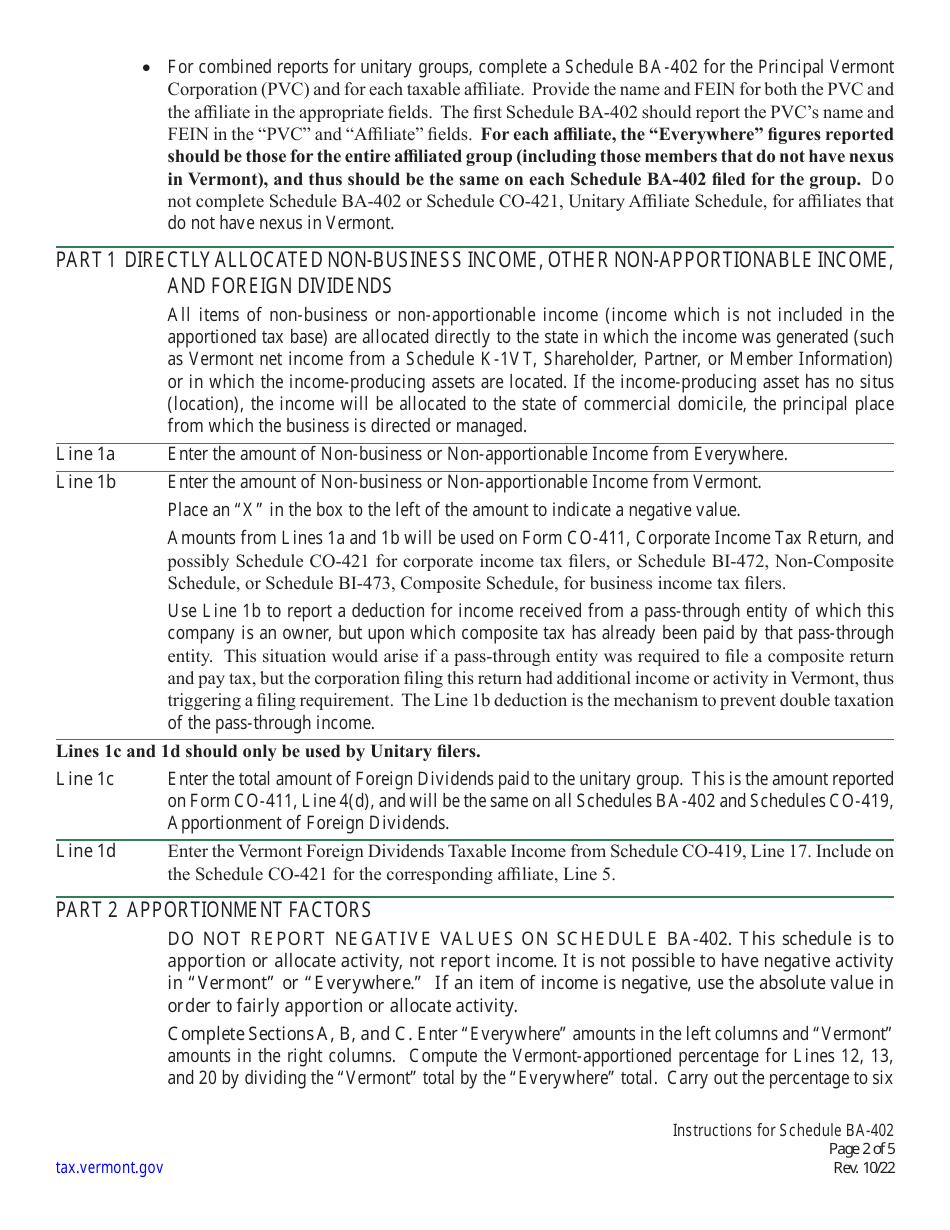 Instructions for Schedule BA-402 Vermont Apportionment  Allocation - Vermont, Page 2