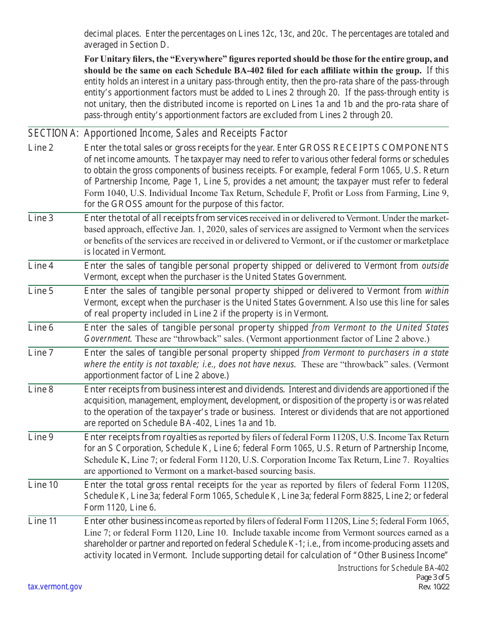 Instructions for Schedule BA-402 Vermont Apportionment  Allocation - Vermont, Page 3