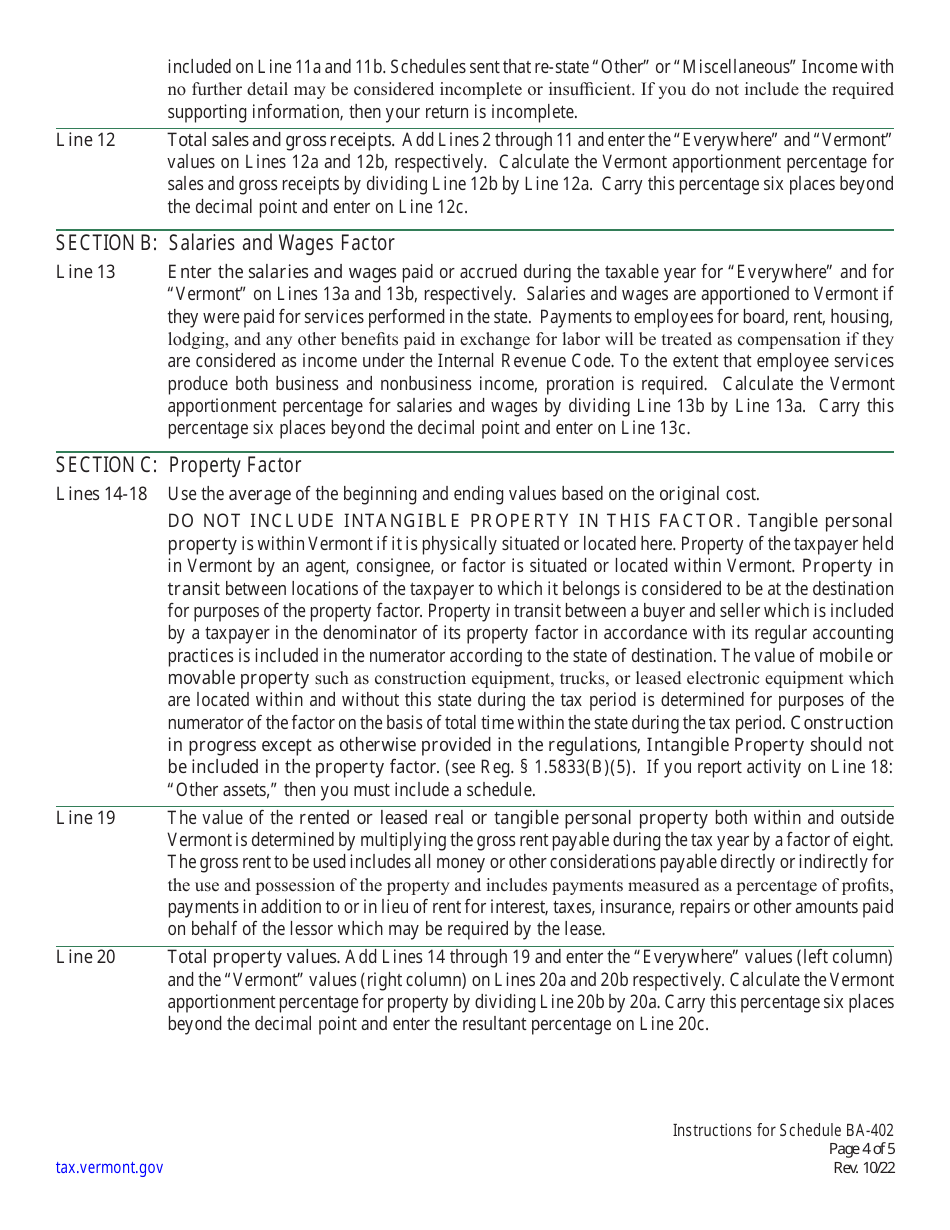 Instructions for Schedule BA-402 Vermont Apportionment  Allocation - Vermont, Page 4