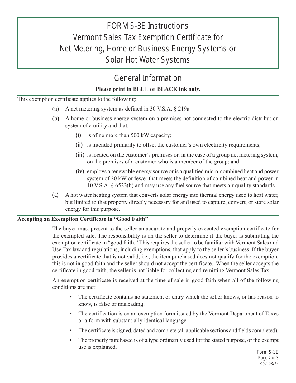 VT Form S-3E Vermont Sales Tax Exemption Certificate for Net Metering, Home or Business Energy Systems or Solar Hot Water Systems - Vermont, Page 2
