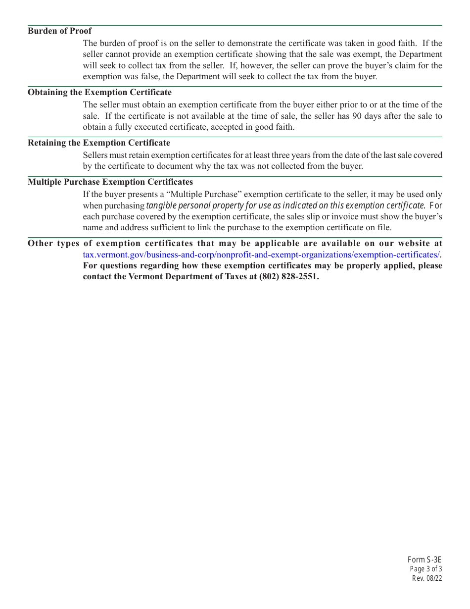 VT Form S-3E Vermont Sales Tax Exemption Certificate for Net Metering, Home or Business Energy Systems or Solar Hot Water Systems - Vermont, Page 3