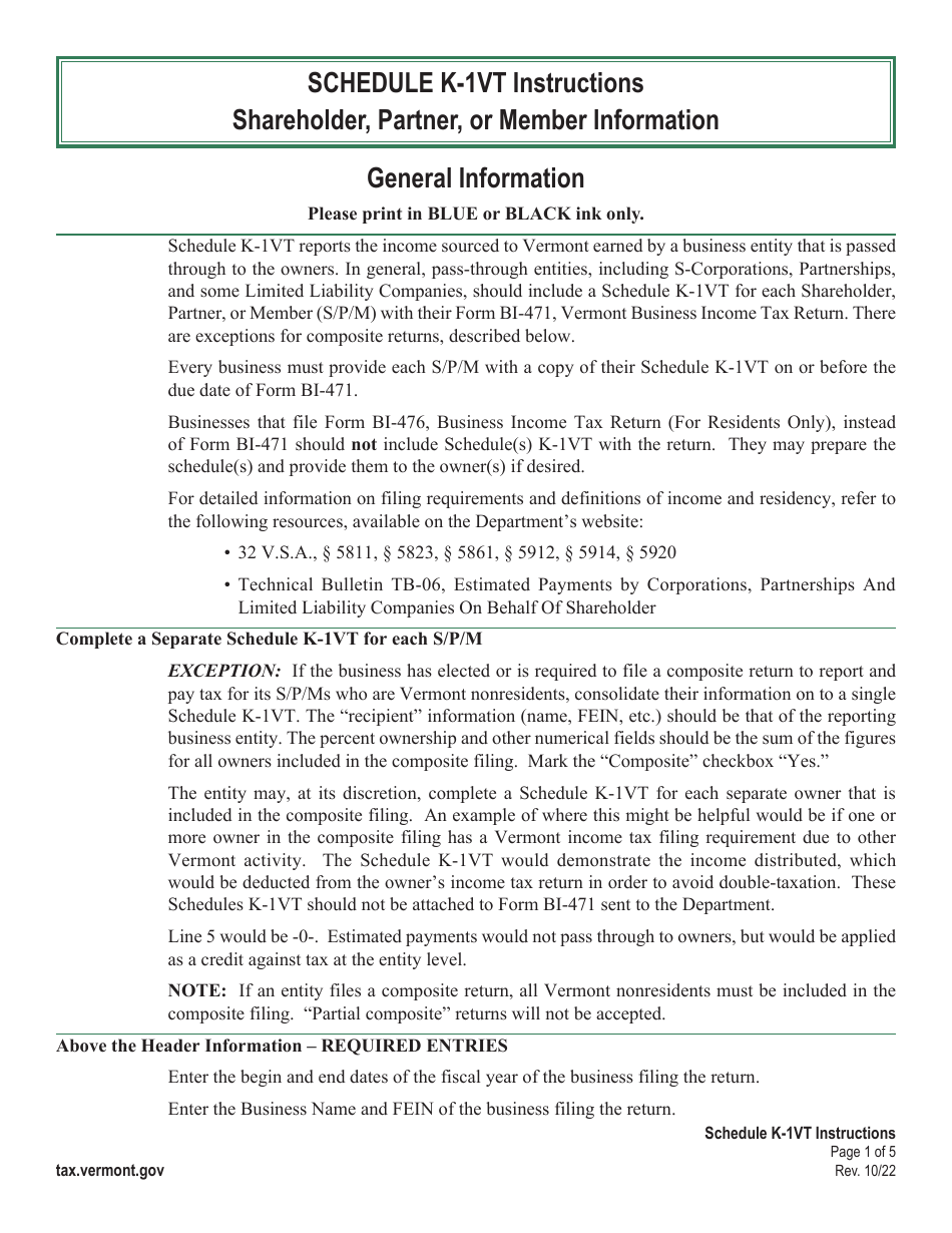 Instructions for Schedule K-1VT Vermont Shareholder, Partner, or Member Information - Vermont, Page 1