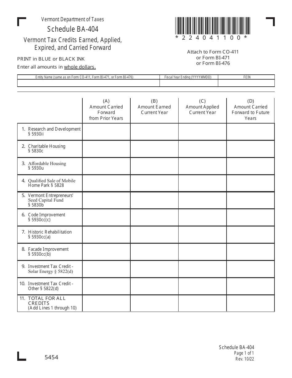 Schedule BA-404 Vermont Tax Credits Earned, Applied, Expired, and Carried Forward - Vermont, Page 1