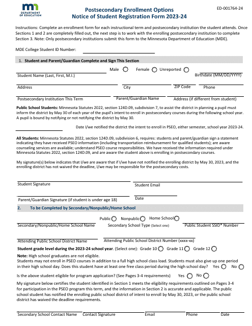 Form ED-001764-24 Postsecondary Enrollment Options Notice of Student Registration Form - Minnesota, 2024