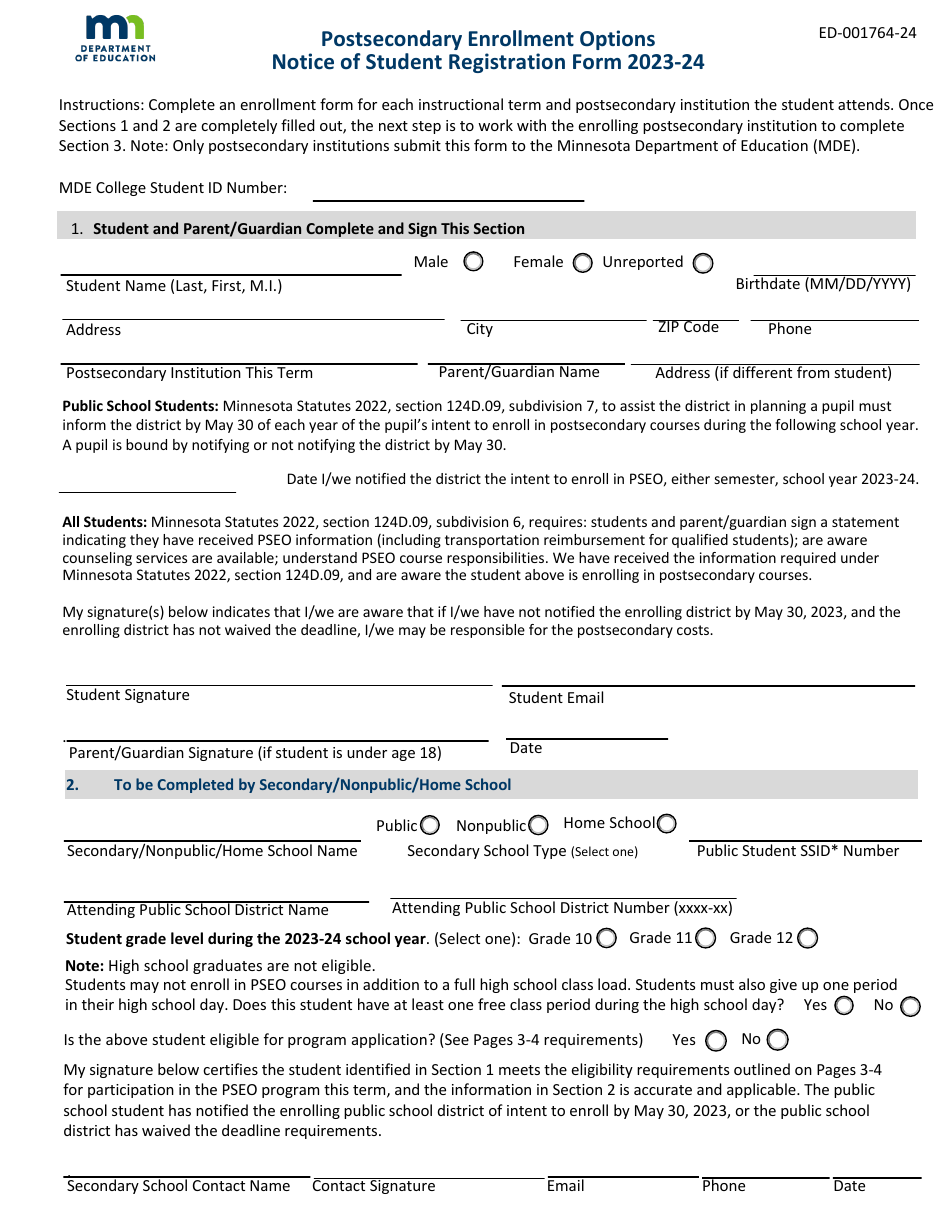 Form ED-001764-24 Postsecondary Enrollment Options Notice of Student Registration Form - Minnesota, Page 1