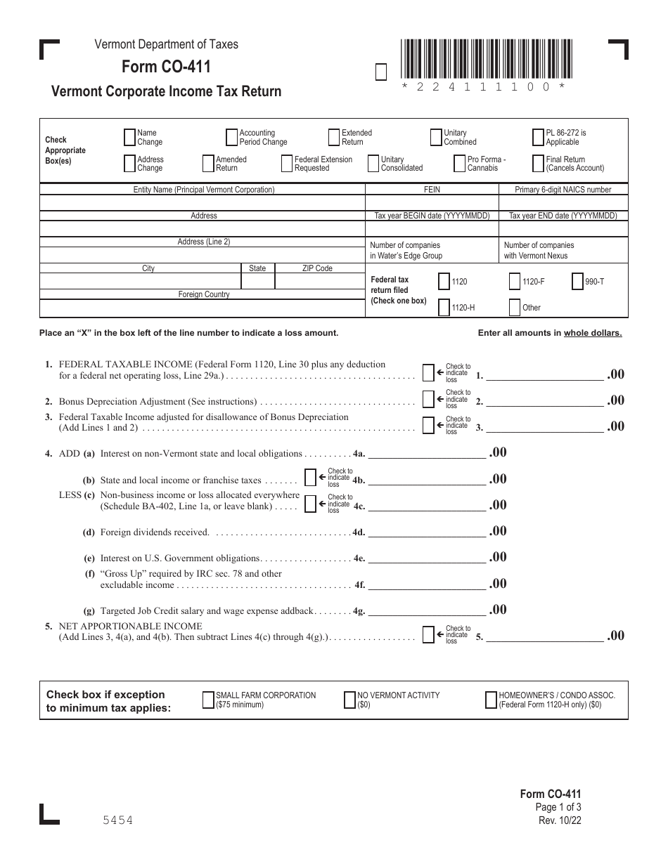 VT Form CO-411 Vermont Corporate Income Tax Return - Vermont, Page 1