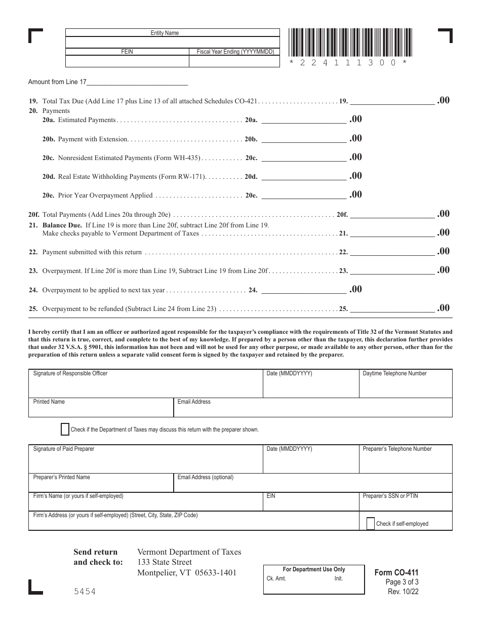 VT Form CO-411 Vermont Corporate Income Tax Return - Vermont, Page 3