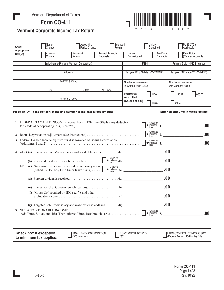 VT Form CO411 Download Printable PDF or Fill Online Vermont Corporate