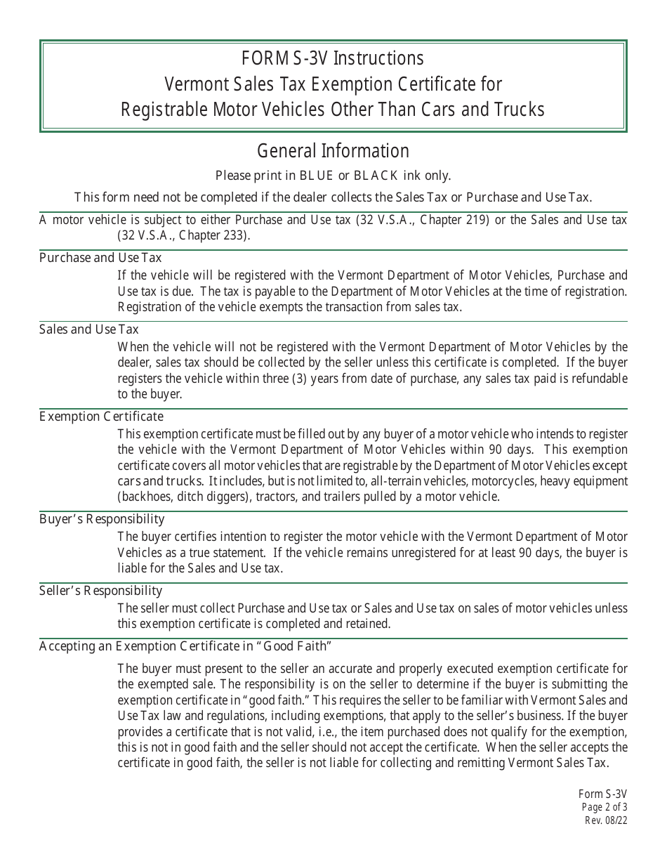 VT Form S-3V Vermont Sales Tax Exemption Certificate for Registrable Motor Vehicles Other Than Cars and Trucks - Vermont, Page 2