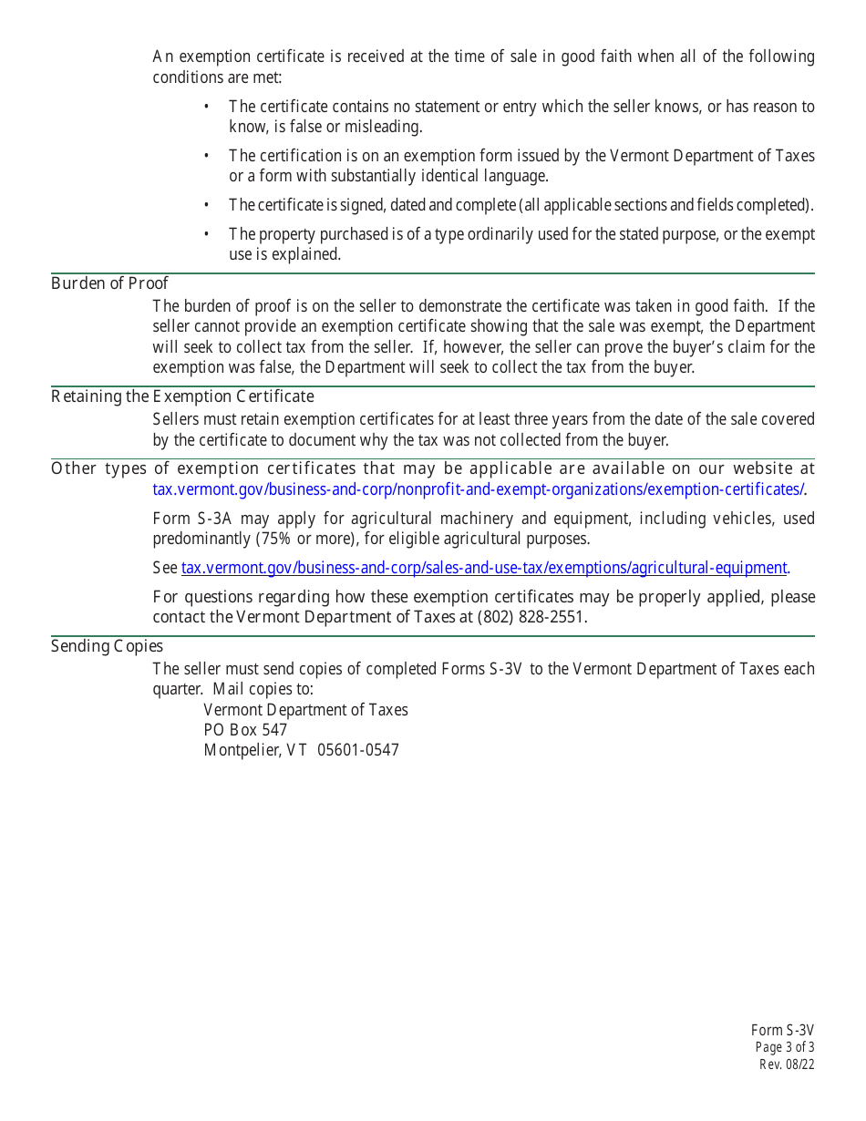 VT Form S-3V Vermont Sales Tax Exemption Certificate for Registrable Motor Vehicles Other Than Cars and Trucks - Vermont, Page 3