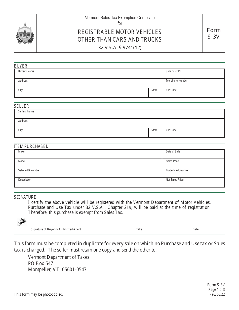 VT Form S3V Fill Out, Sign Online and Download Printable PDF